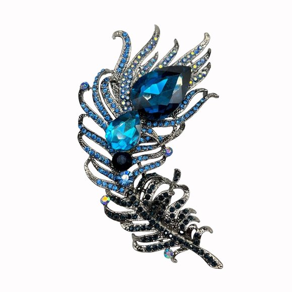 Feather Peacock Large Brooch Pin Lake Blue Crystal Silver Metal Colored Base - Picture 6 of 6